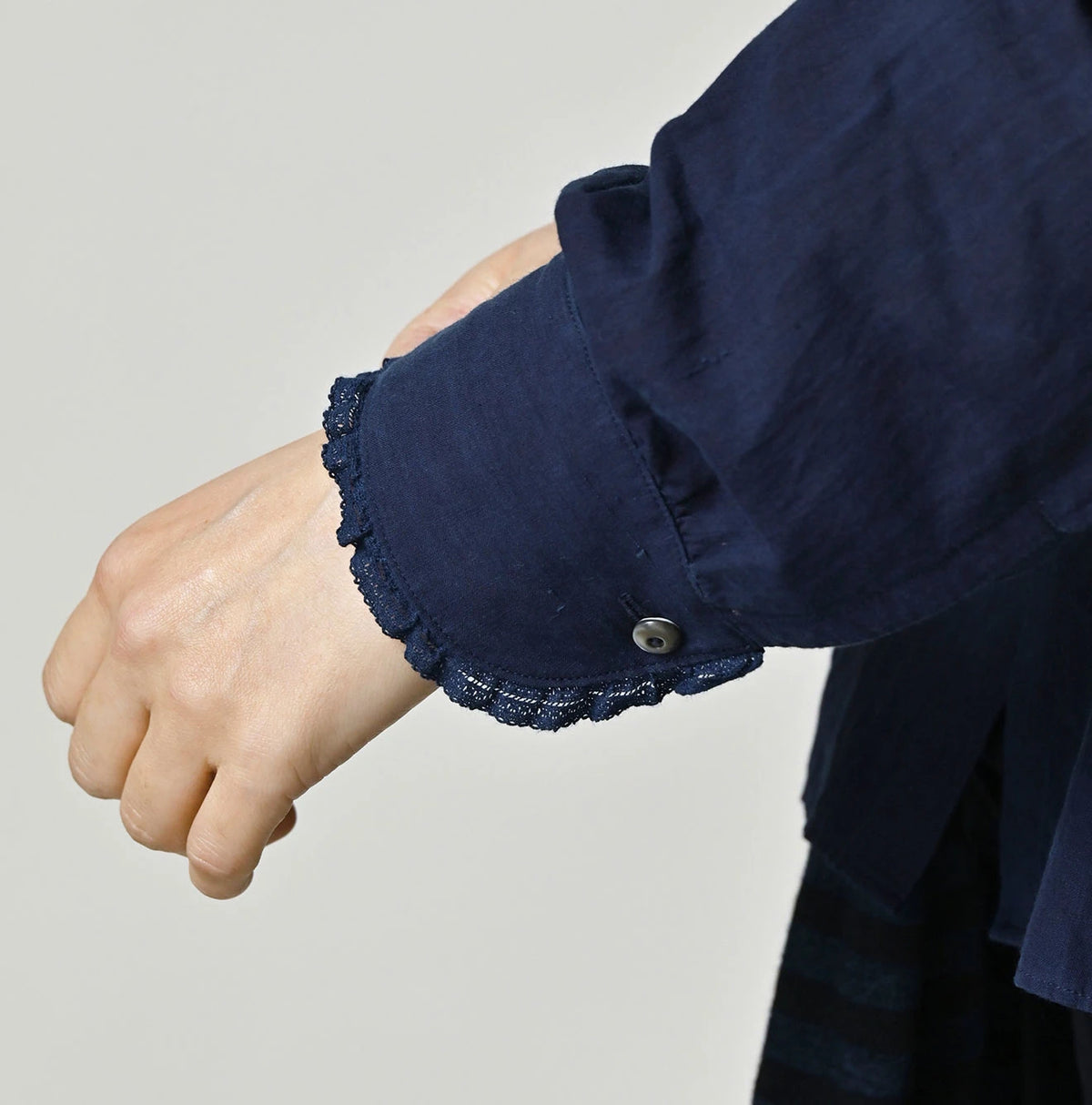 45R Ai Indigo Khadi Stand Collar Lace Square Blouse - Image 10