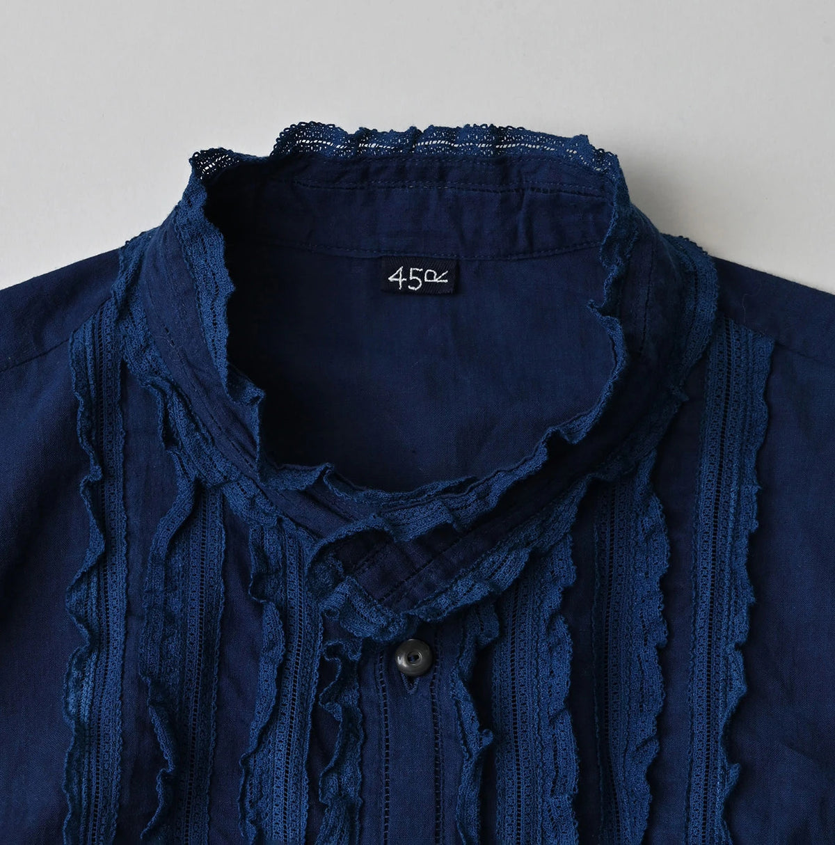 45R Ai Indigo Khadi Stand Collar Lace Square Blouse