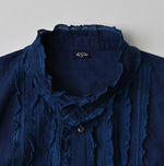 45R Ai Indigo Khadi Stand Collar Lace Square Blouse