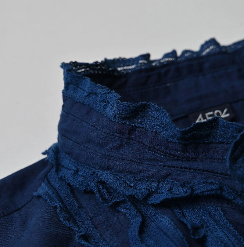 45R Ai Indigo Khadi Stand Collar Lace Square Blouse - Image 14