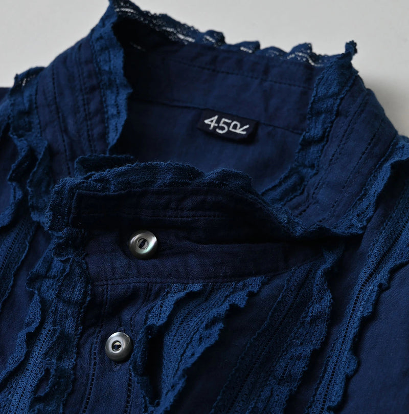 45R Ai Indigo Khadi Stand Collar Lace Square Blouse - Image 15