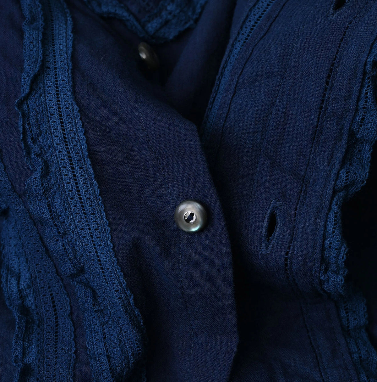 45R Ai Indigo Khadi Stand Collar Lace Square Blouse