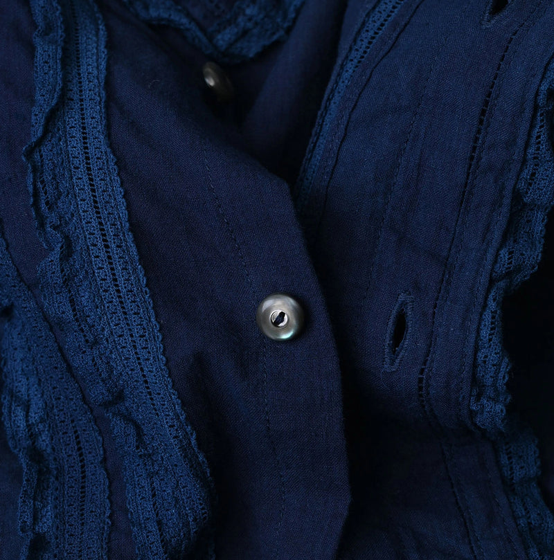 45R Ai Indigo Khadi Stand Collar Lace Square Blouse - Image 16