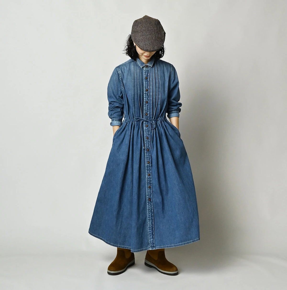 45R 45 Petit Denim Tuck Shirt Dress Distressed