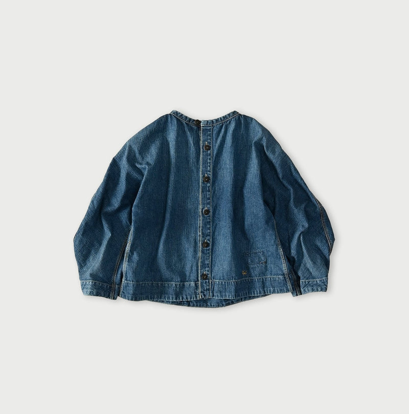 45R Mugihiko Denim Puff Sleeve Blouse Distressed