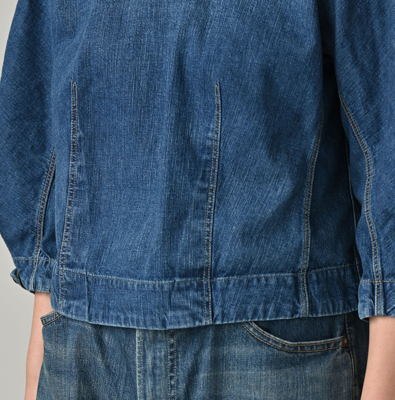 45R Mugihiko Denim Puff Sleeve Blouse Distressed