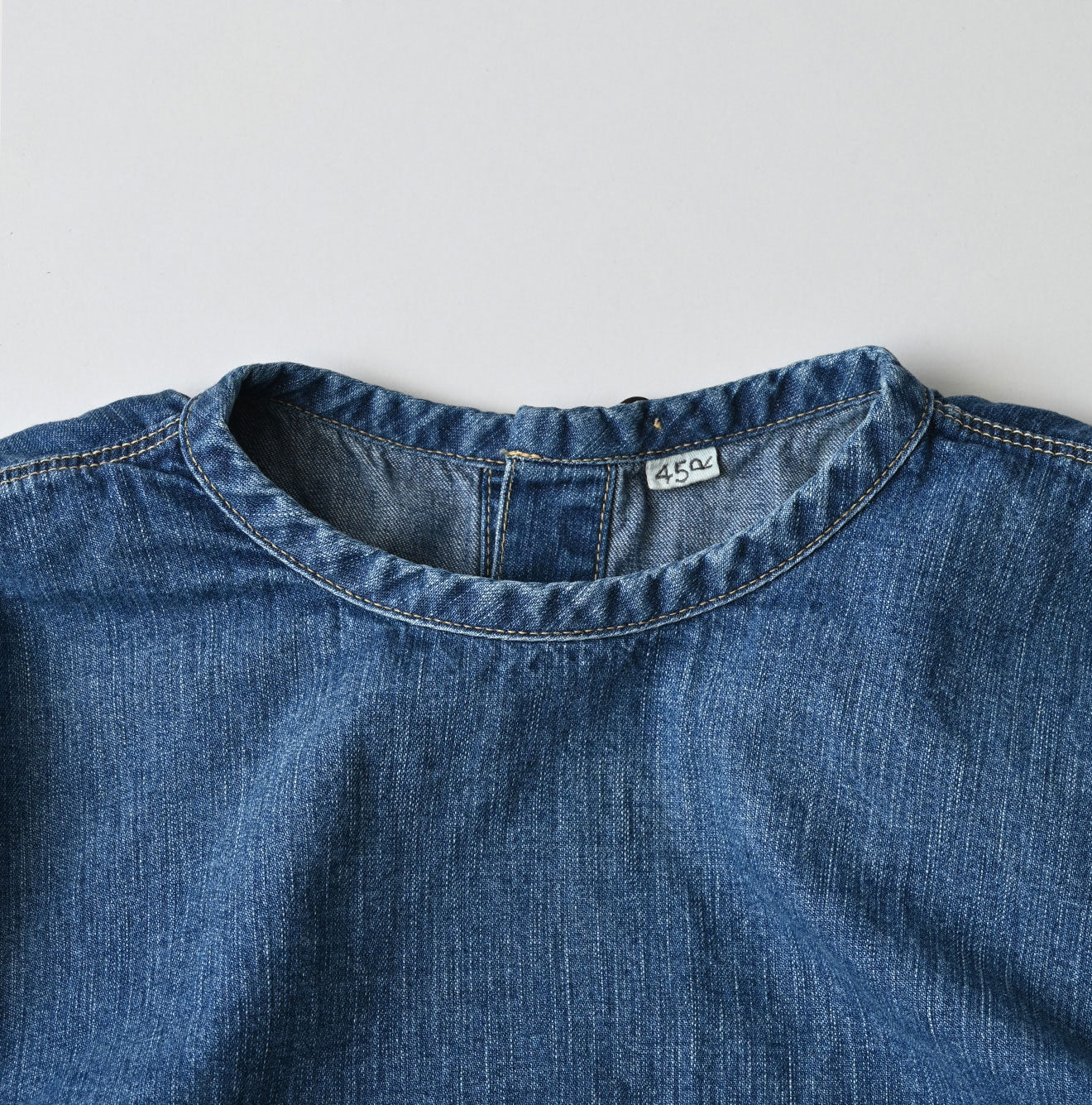 45R Mugihiko Denim Puff Sleeve Blouse Distressed