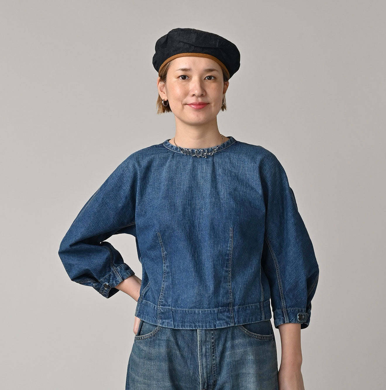 45R Mugihiko Denim Puff Sleeve Blouse Distressed