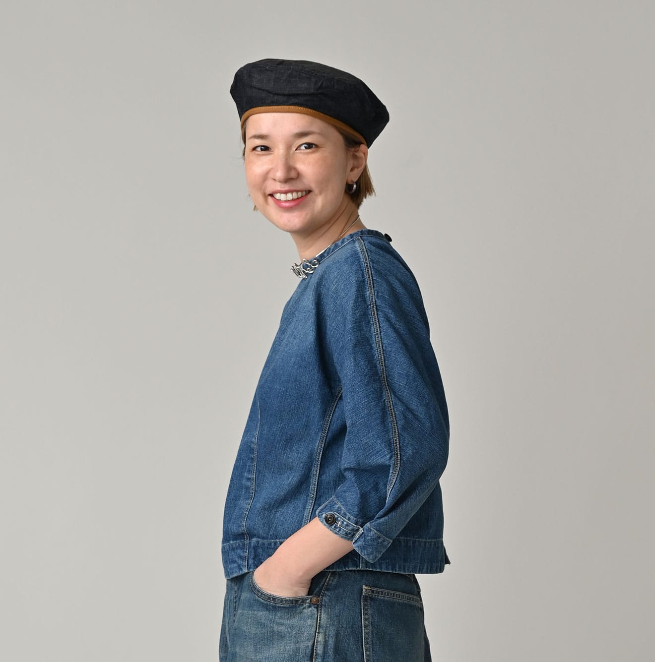 45R Mugihiko Denim Puff Sleeve Blouse Distressed