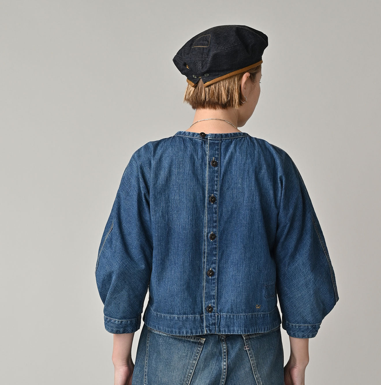 45R Mugihiko Denim Puff Sleeve Blouse Distressed