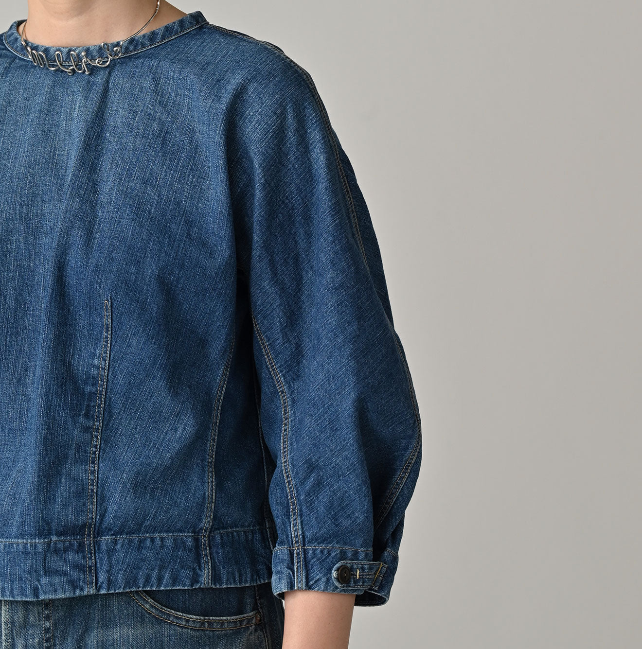 45R Mugihiko Denim Puff Sleeve Blouse Distressed - Image 7