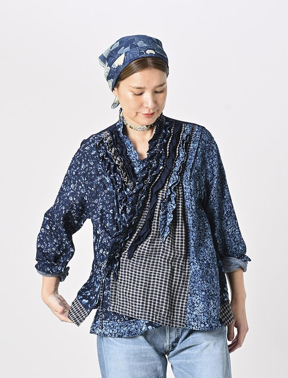 Indigo Bassen Mix Double-woven Flower Patchwork Cachecoeur (Size L)