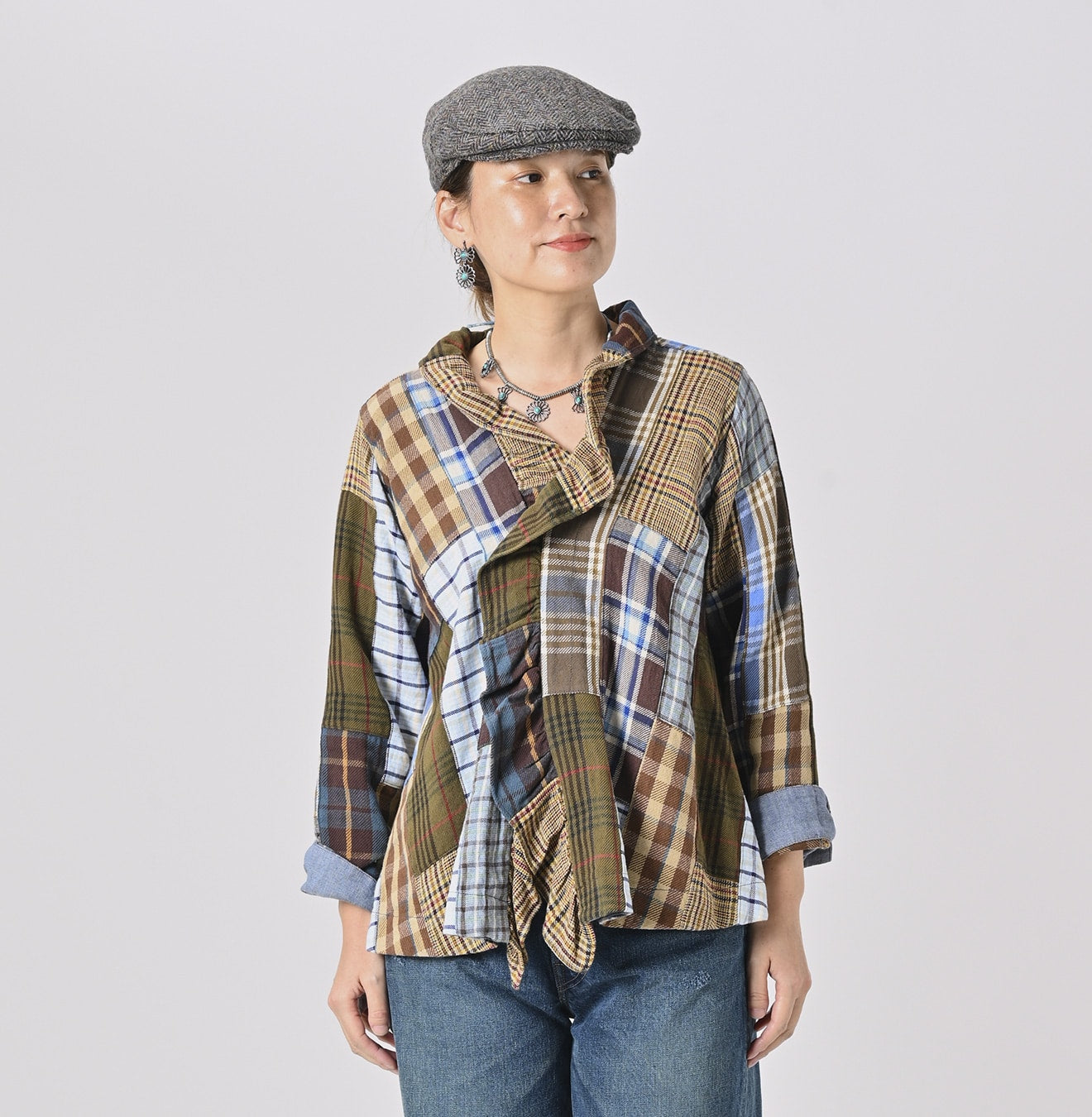 45R Flannel Patchwork Frilled Cachecoeur Blouse