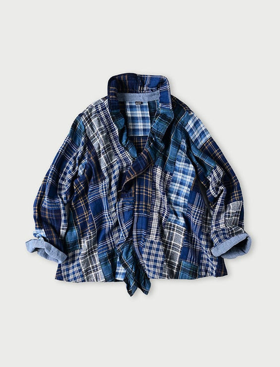 Indigo Flannel Patchwork Frilled Cachecoeur Blouse