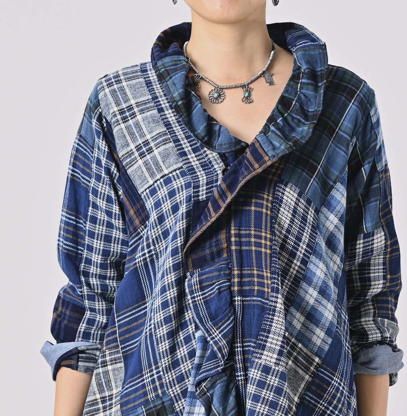 45R Indigo Flannel Patchwork Frilled Cachecoeur Blouse