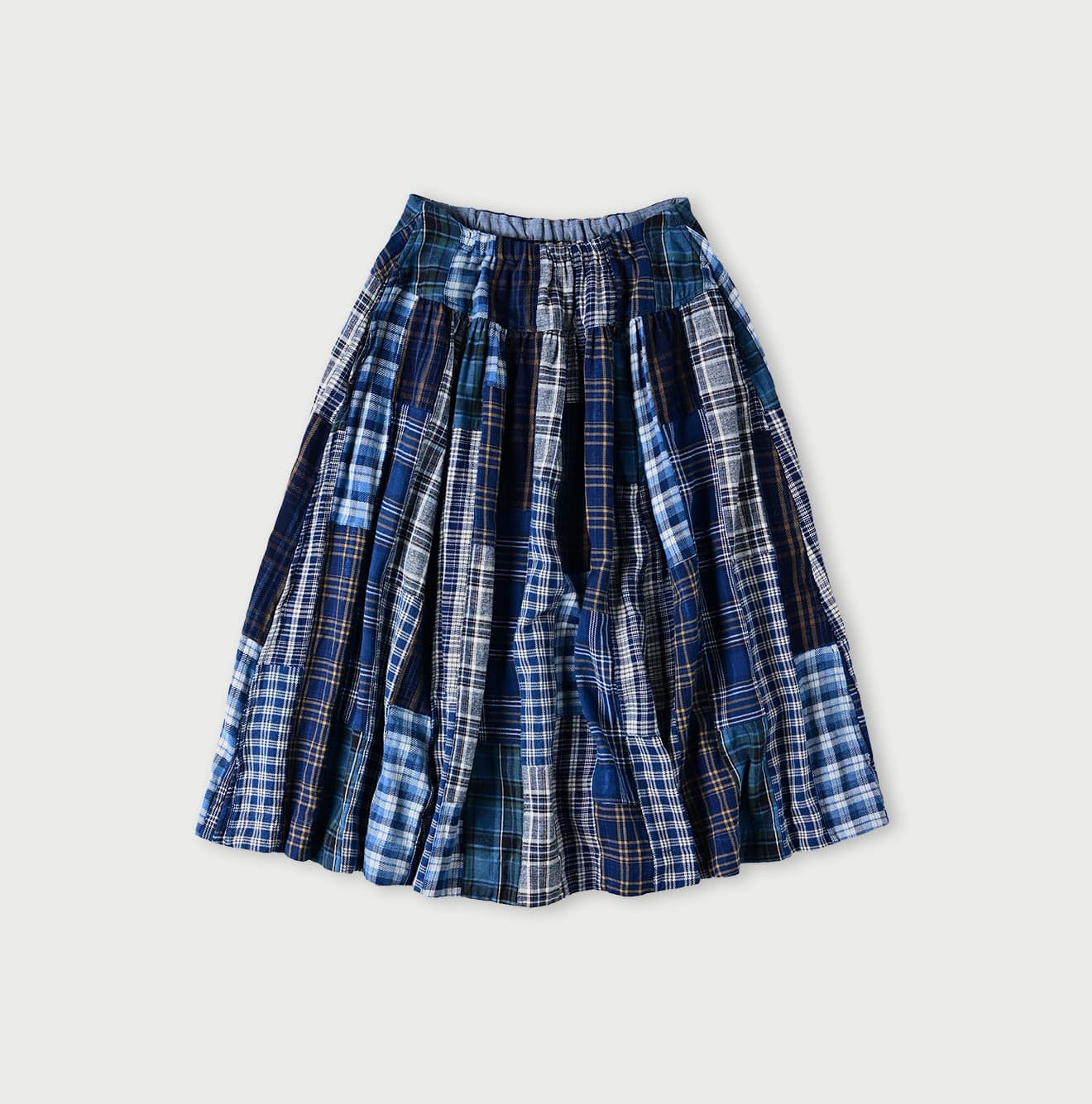 45R Indigo Flannel Patchwork Yoke Gathered Skirt