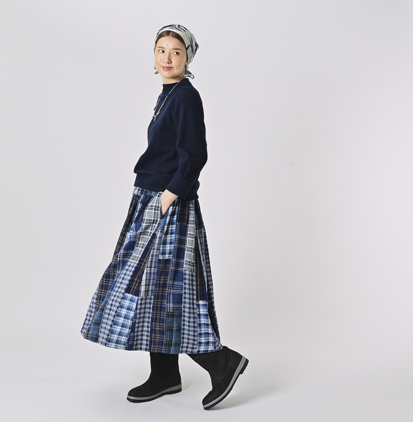 45R Indigo Flannel Patchwork Yoke Gathered Skirt