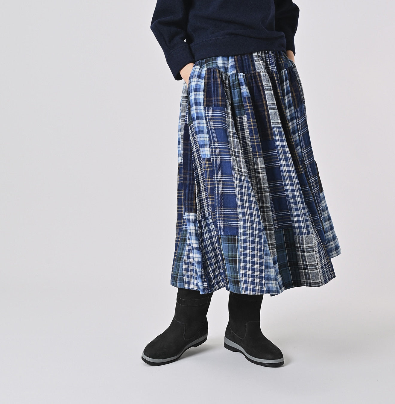 45R Indigo Flannel Patchwork Yoke Gathered Skirt