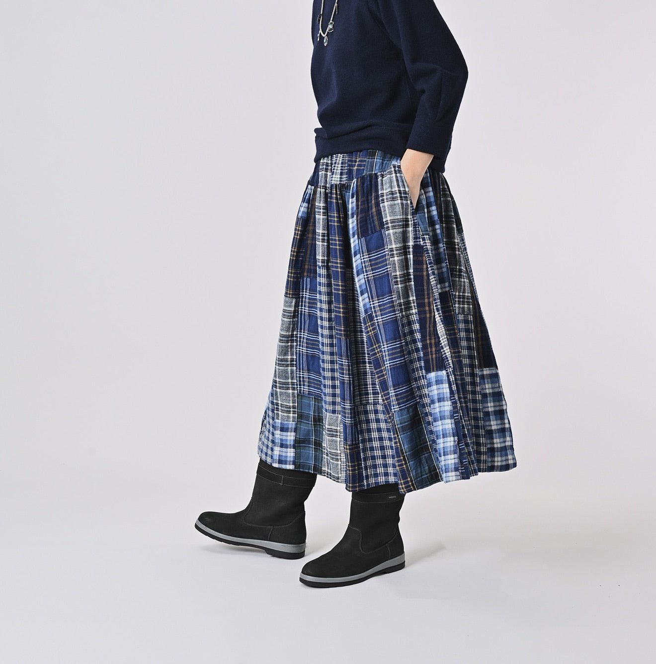 45R Indigo Flannel Patchwork Yoke Gathered Skirt