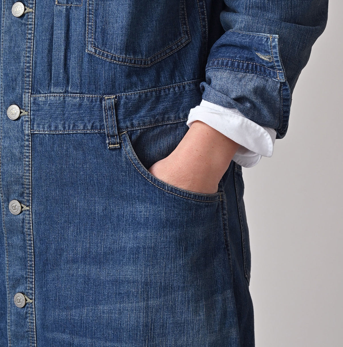 45R Mugihiko Denim Trucker Dress Distressed