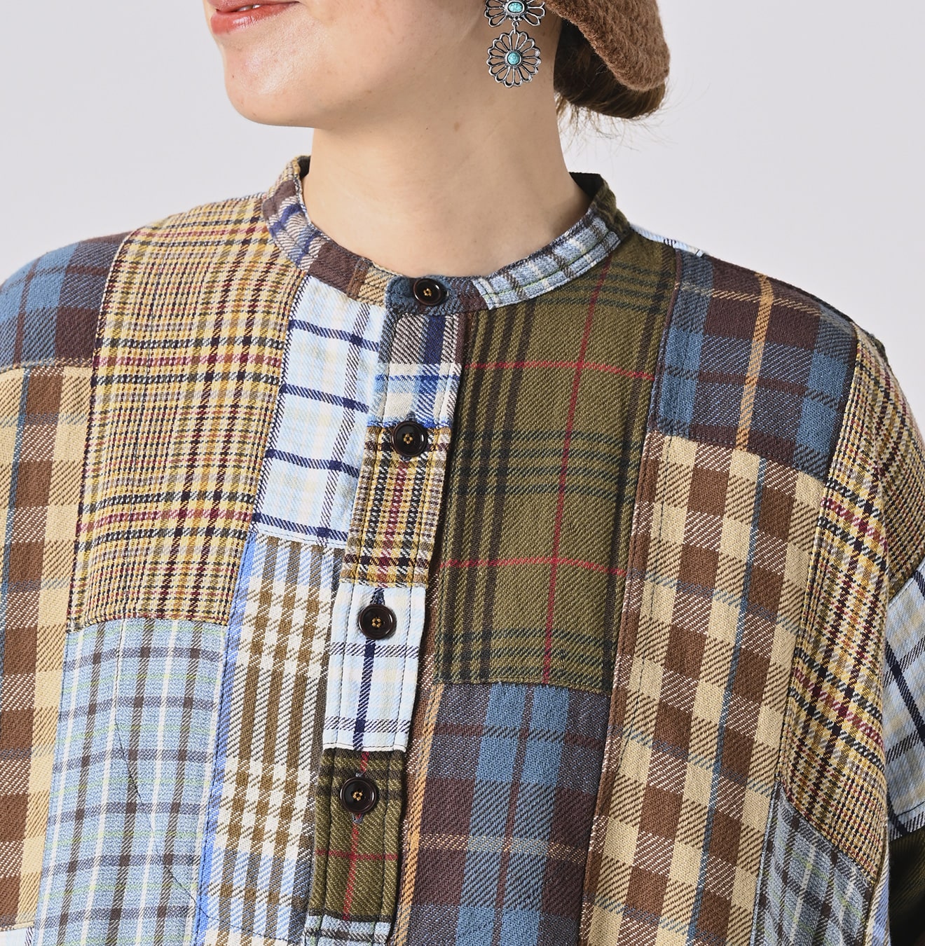 45R Flannel Patchwork Big Shirt Dress