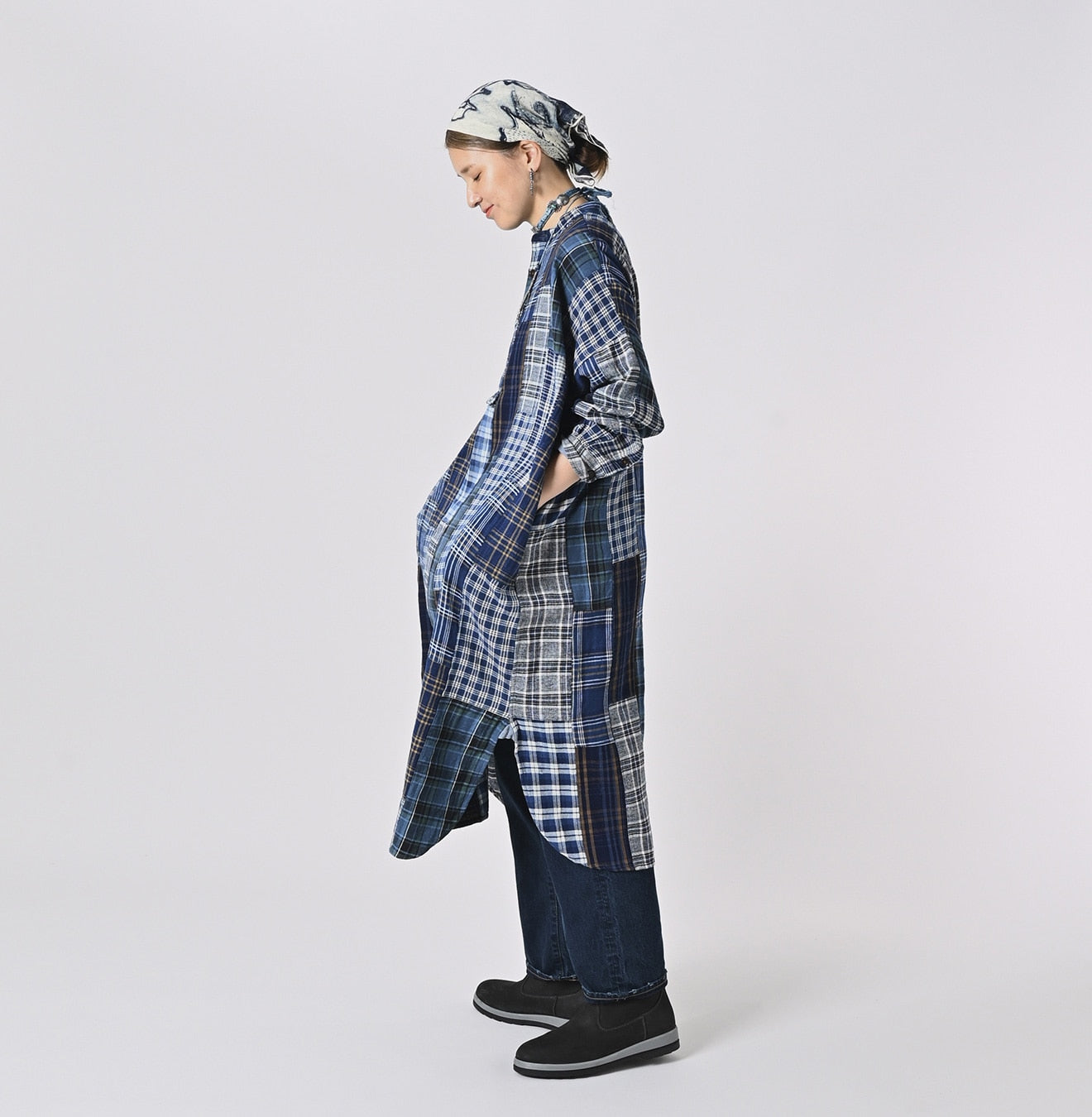 45R Indigo Flannel Patchwork Big Shirt Dress