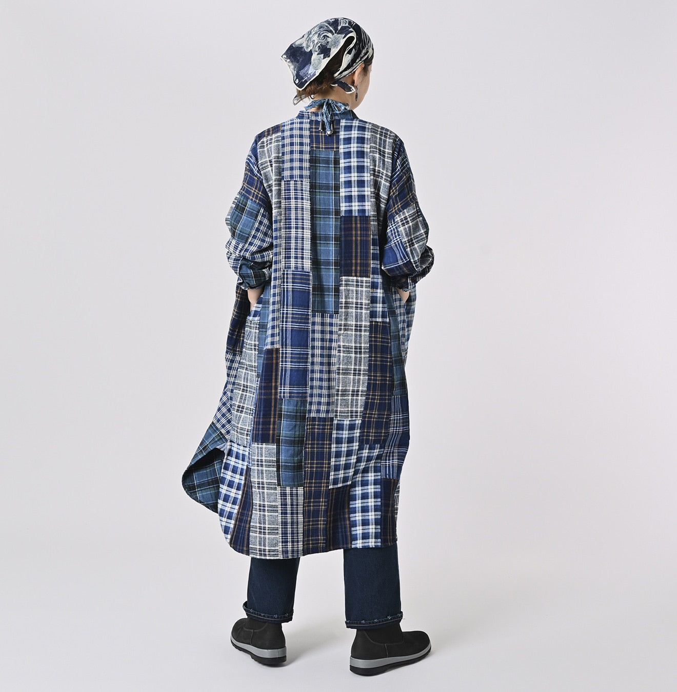 45R Indigo Flannel Patchwork Big Shirt Dress