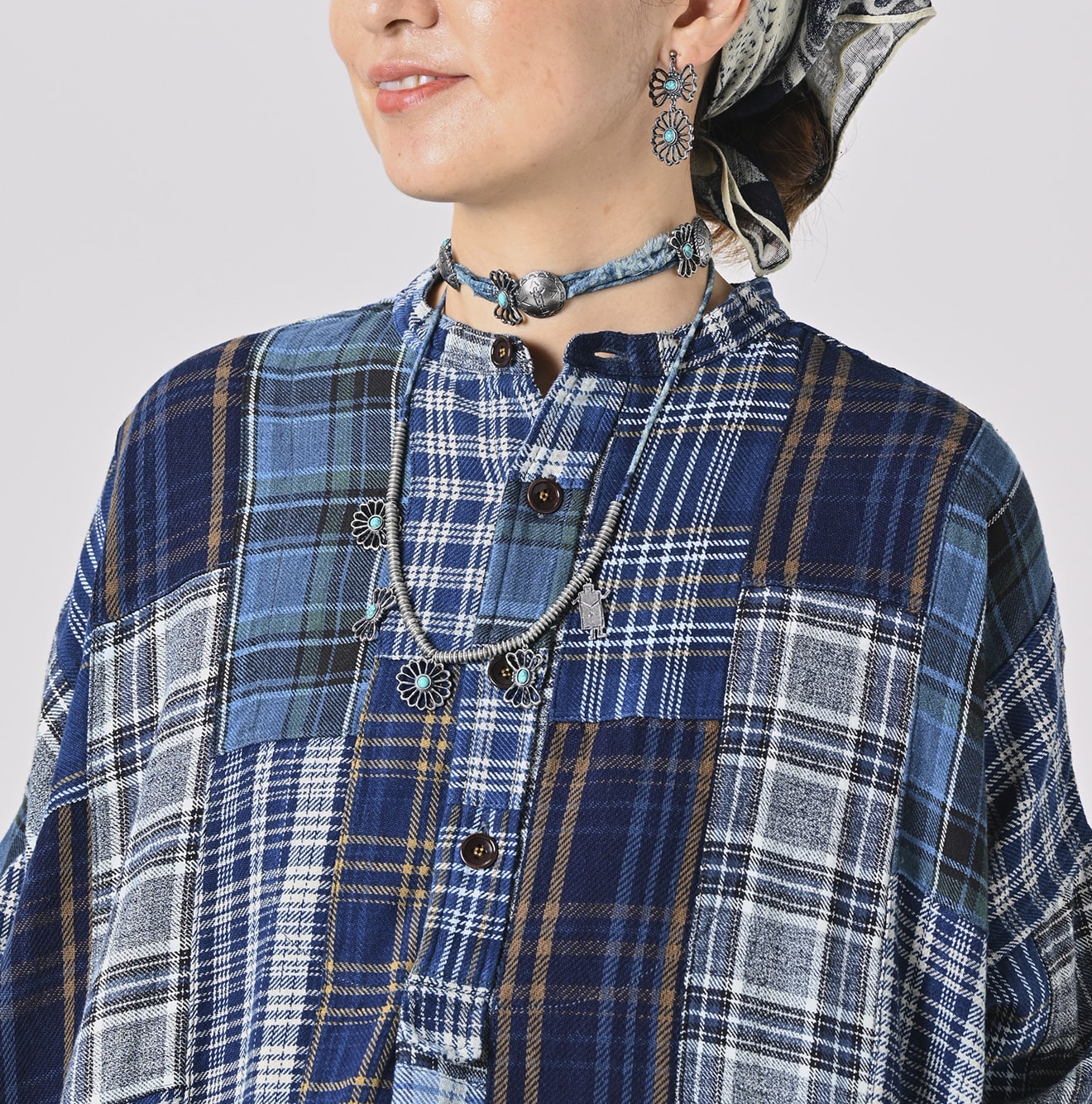 45R Indigo Flannel Patchwork Big Shirt Dress