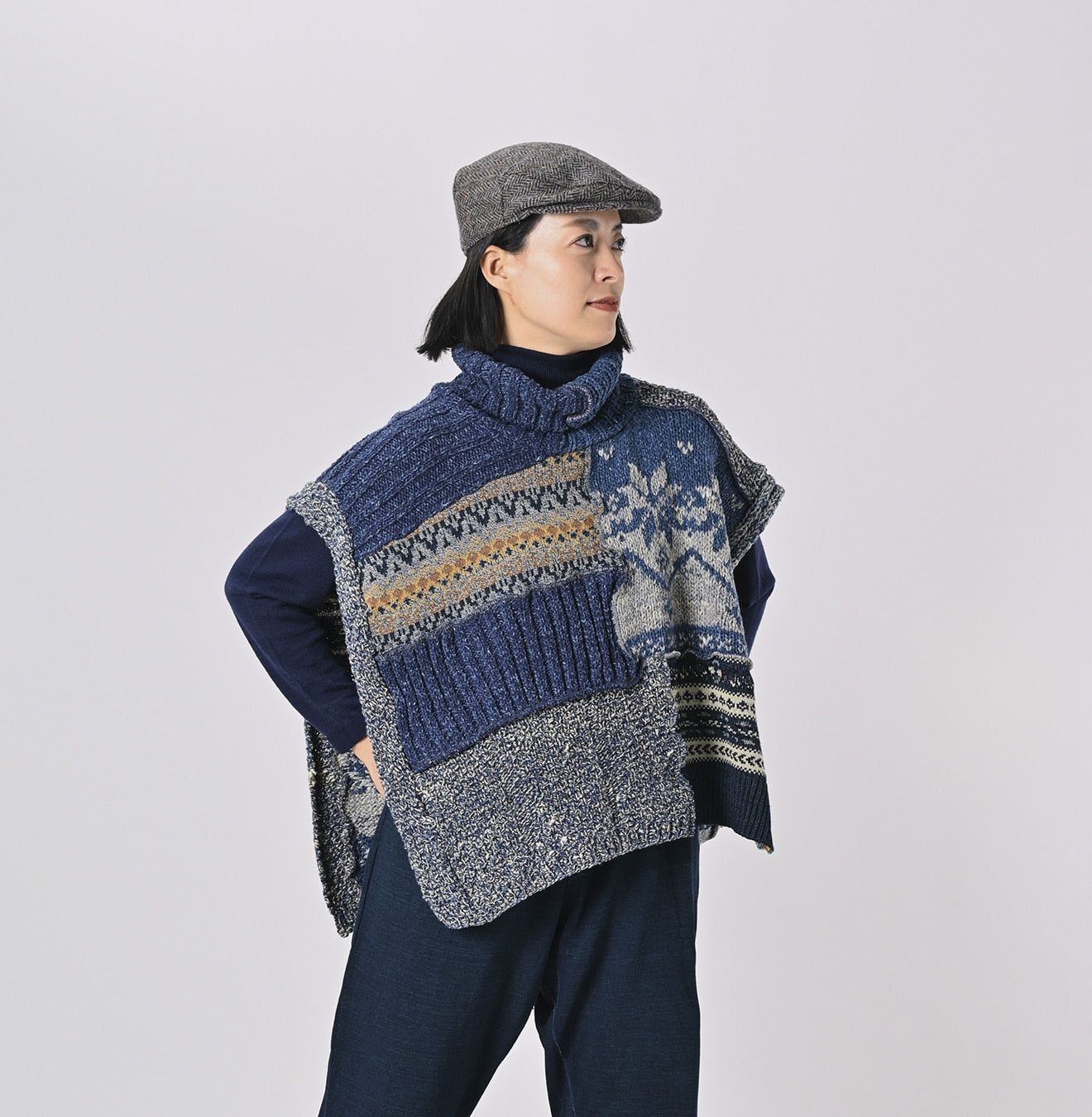 45R Indigo Tamatebako Patchwork Poncho