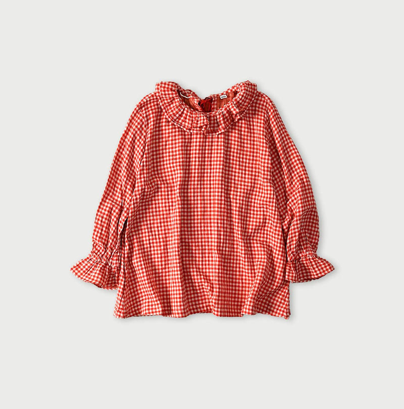 45R Gauze Doublecloth Frilled Collar Plaid Blouse