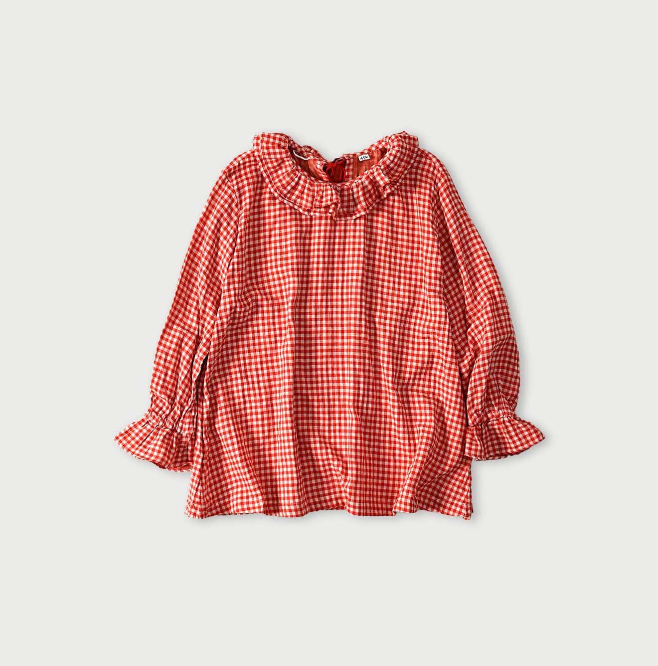 45R Gauze Doublecloth Frilled Collar Plaid Blouse