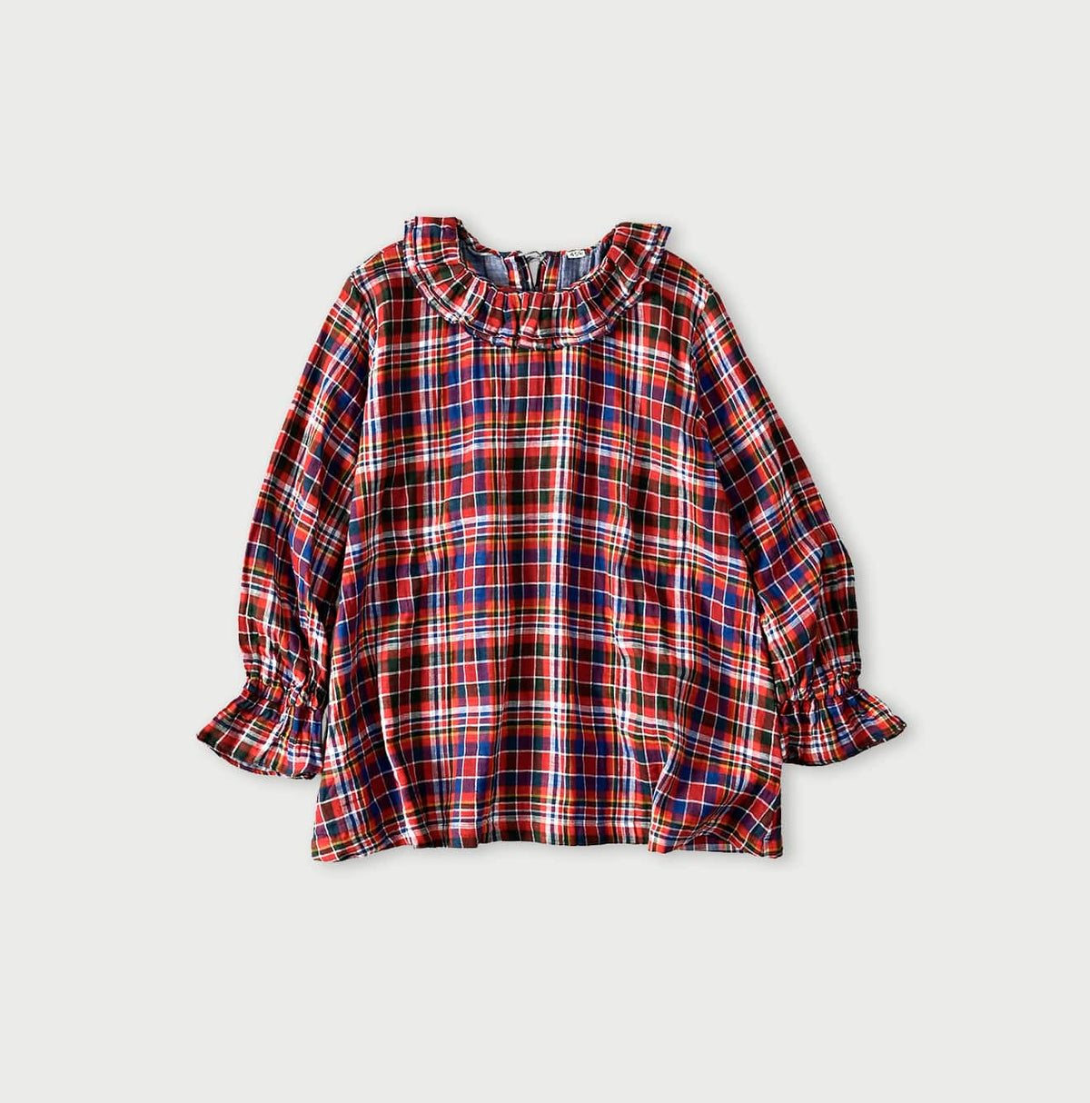 45R Gauze Doublecloth Frilled Collar Plaid Blouse