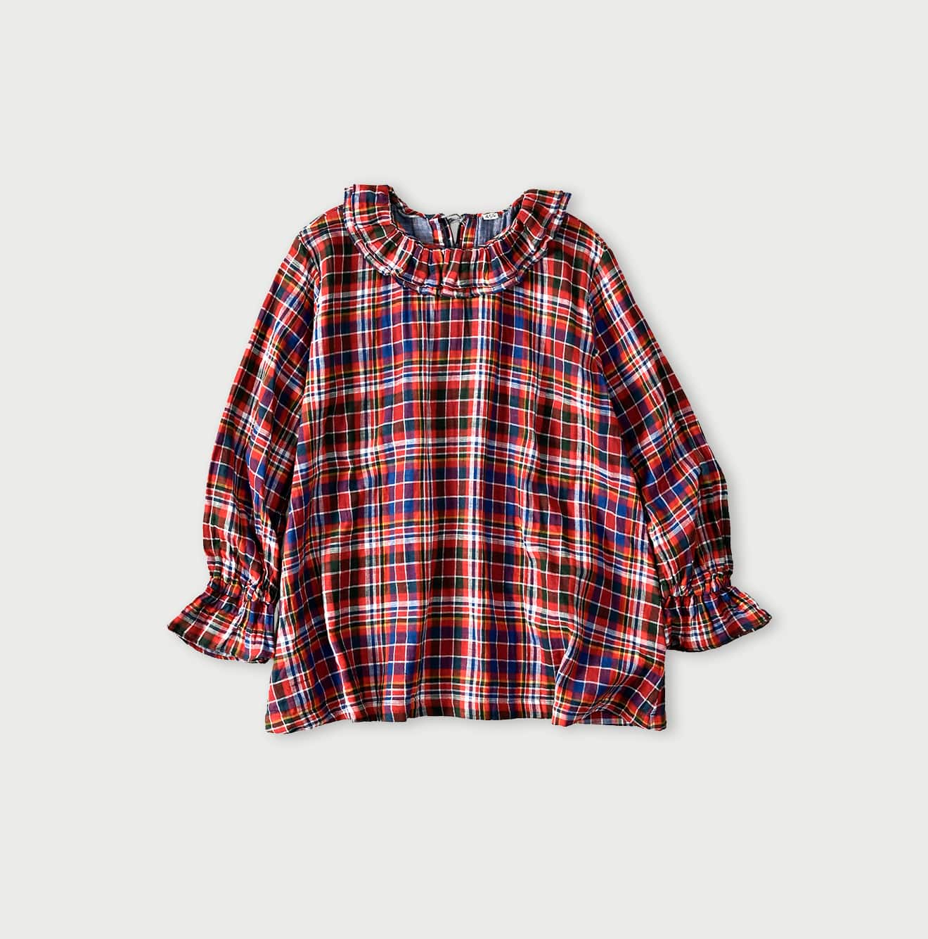 45R Gauze Doublecloth Frilled Collar Plaid Blouse