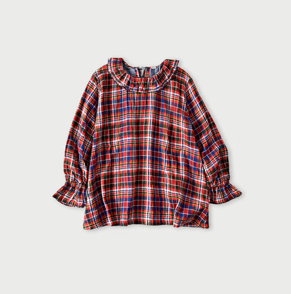 45R Gauze Doublecloth Frilled Collar Plaid Blouse