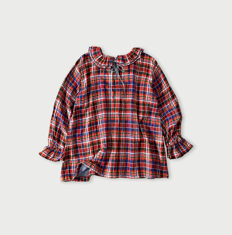 45R Gauze Doublecloth Frilled Collar Plaid Blouse