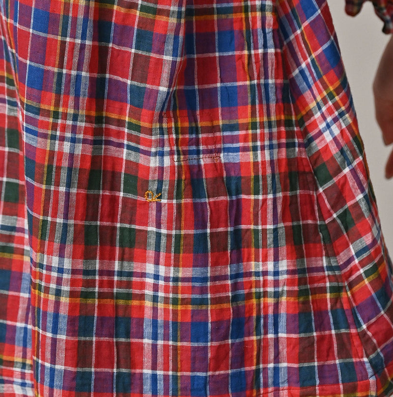 45R Gauze Doublecloth Frilled Collar Plaid Blouse