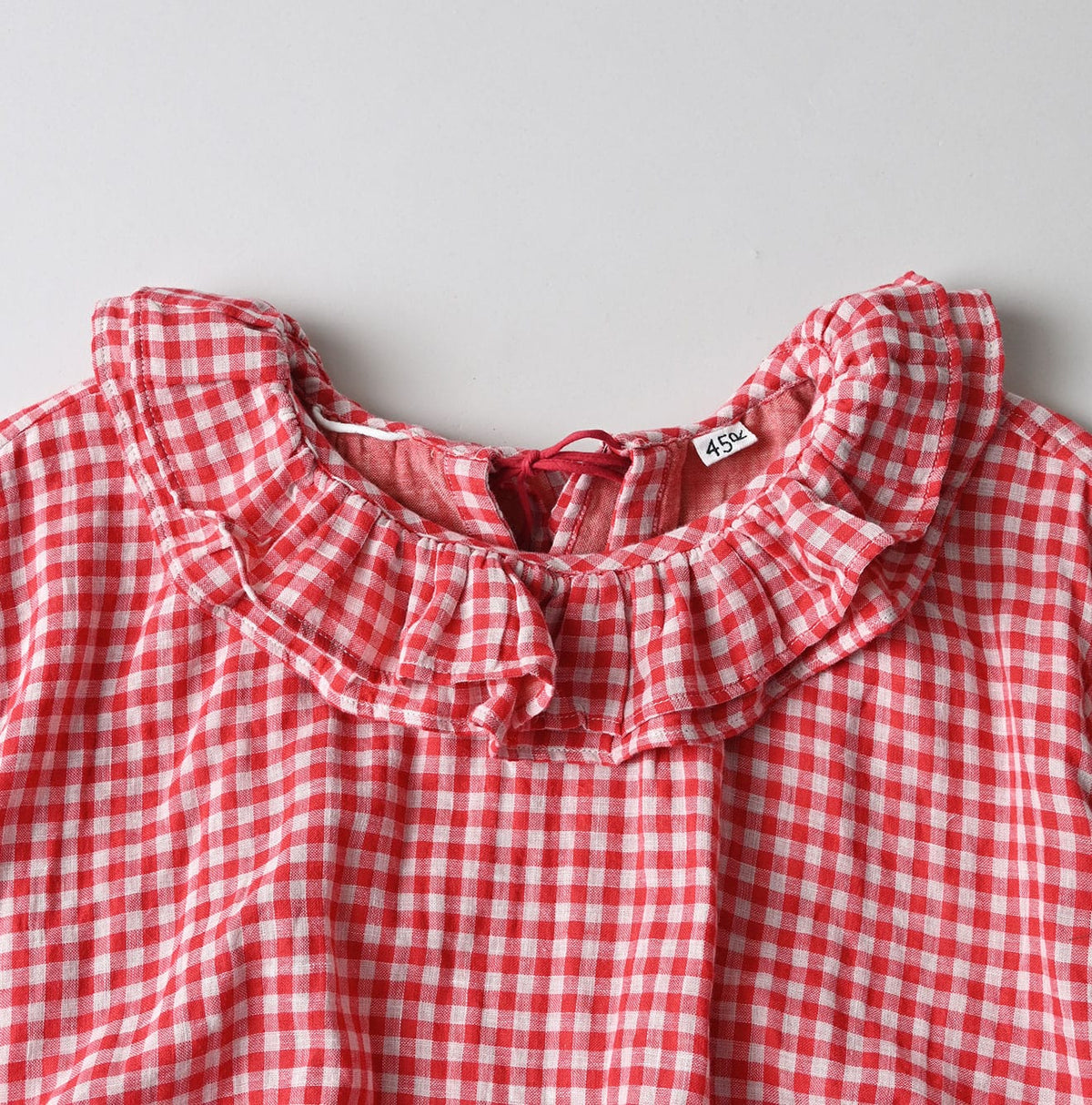 45R Gauze Doublecloth Frilled Collar Plaid Blouse