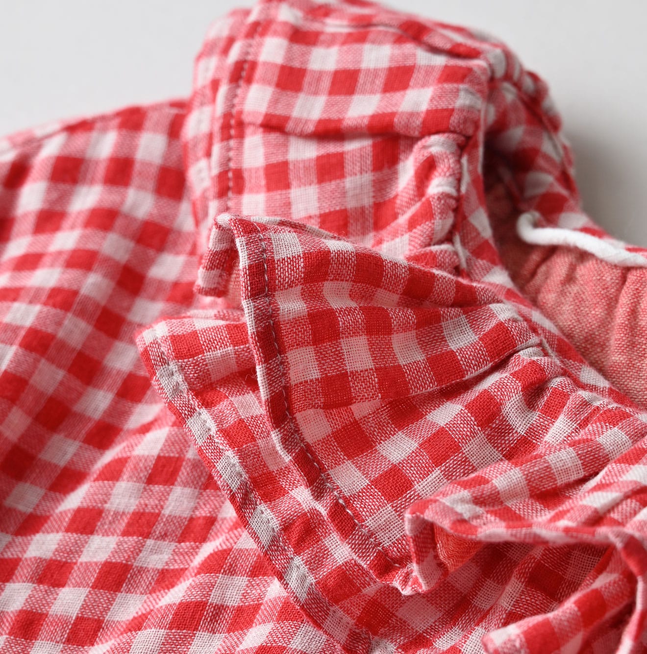 45R Gauze Doublecloth Frilled Collar Plaid Blouse