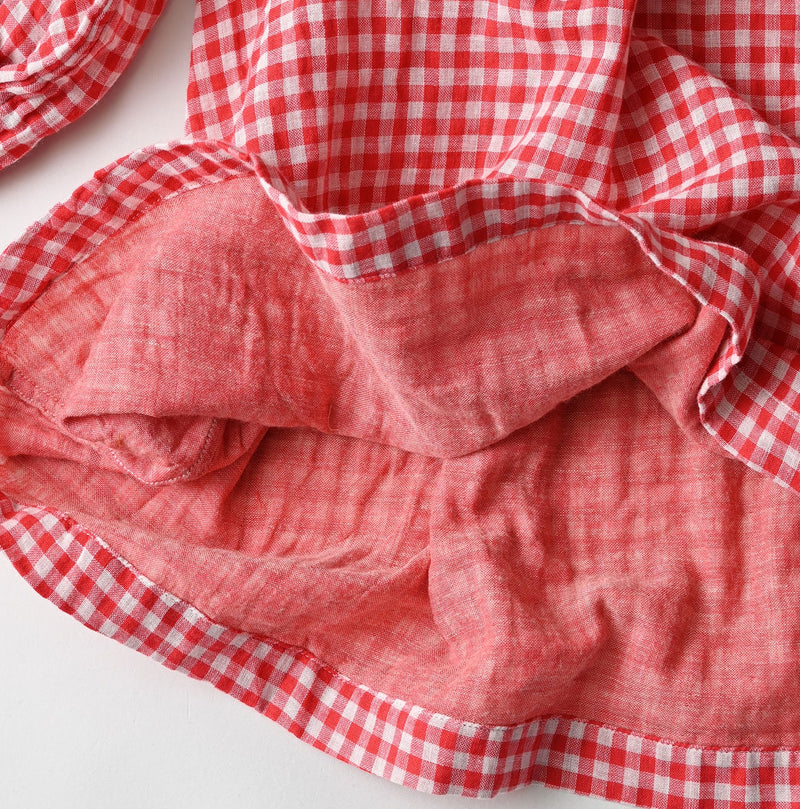 45R Gauze Doublecloth Frilled Collar Plaid Blouse