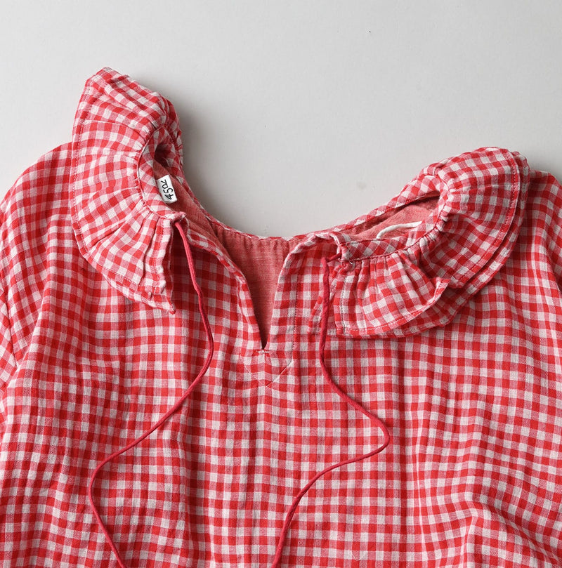 45R Gauze Doublecloth Frilled Collar Plaid Blouse