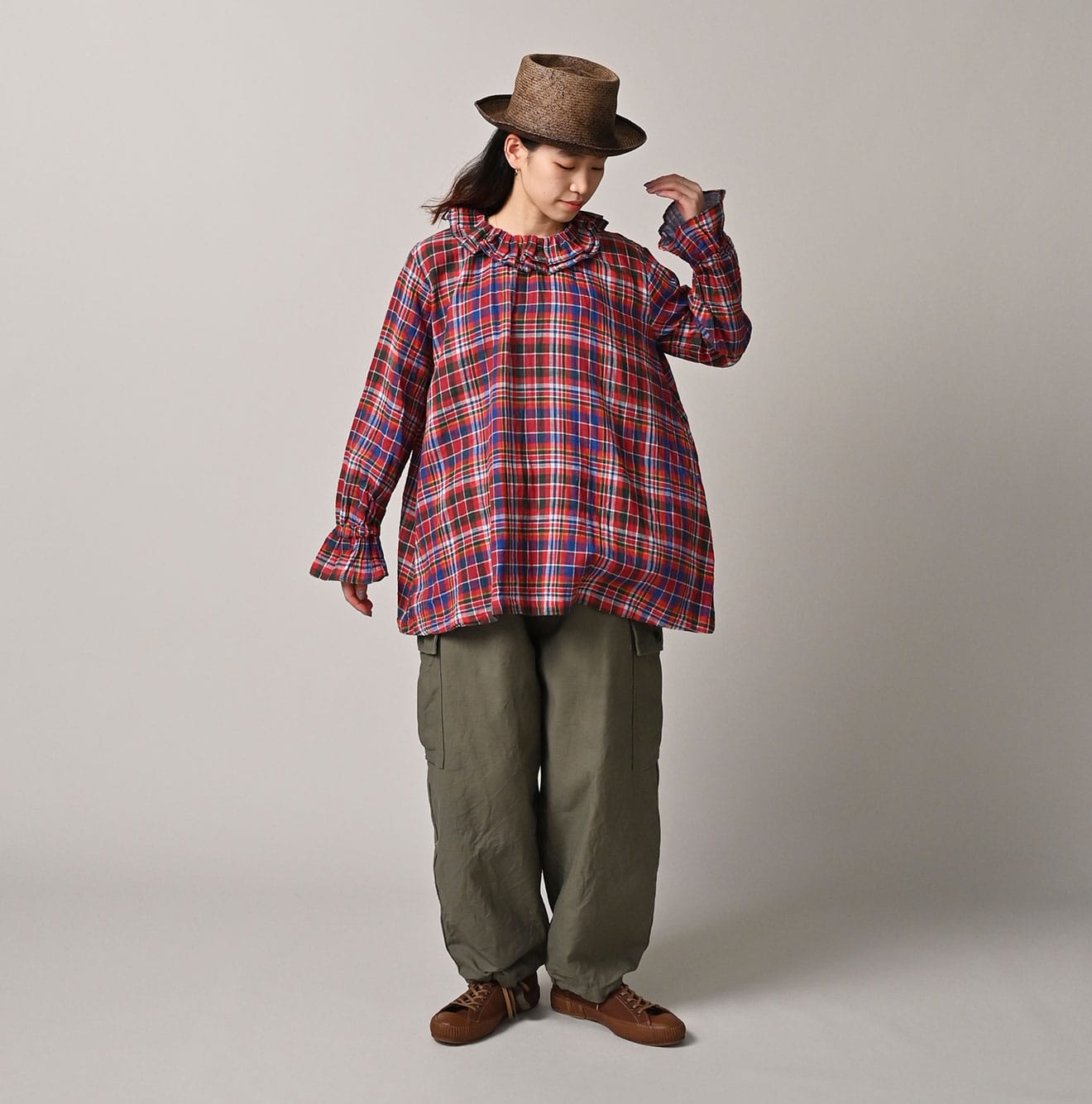 45R Gauze Doublecloth Frilled Collar Plaid Blouse