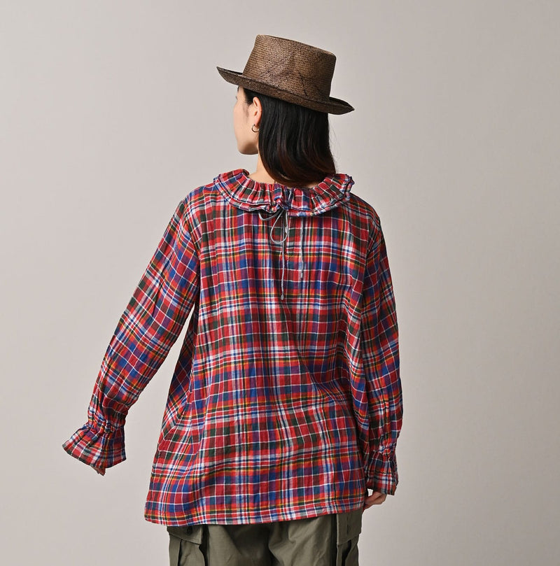45R Gauze Doublecloth Frilled Collar Plaid Blouse