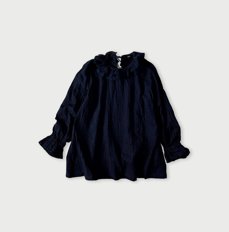 45R Indigo Gauze Doublecloth Frilled Collar Blouse
