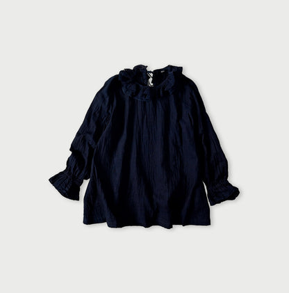45R Indigo Gauze Doublecloth Frilled Collar Blouse