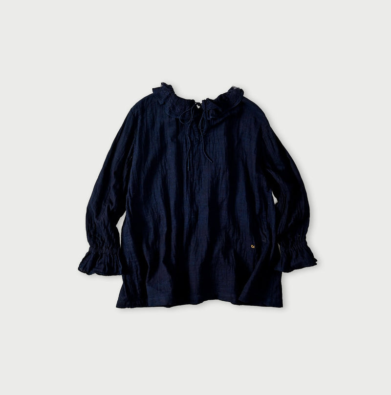 45R Indigo Gauze Doublecloth Frilled Collar Blouse