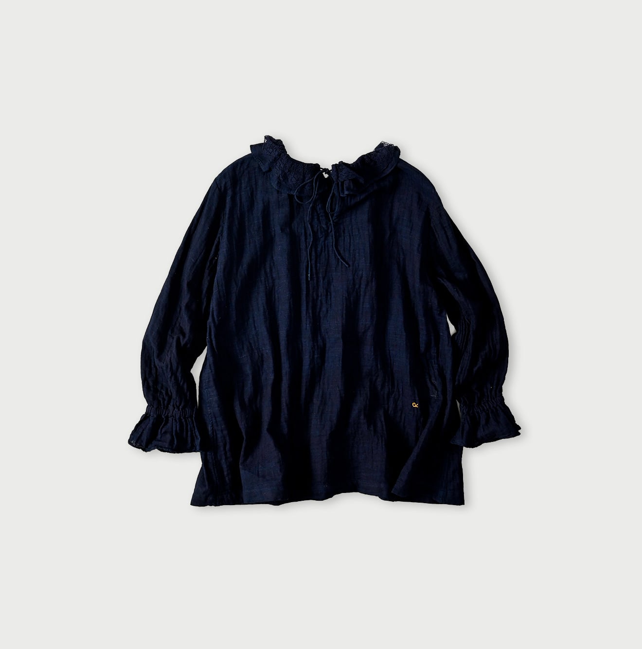 45R Indigo Gauze Doublecloth Frilled Collar Blouse