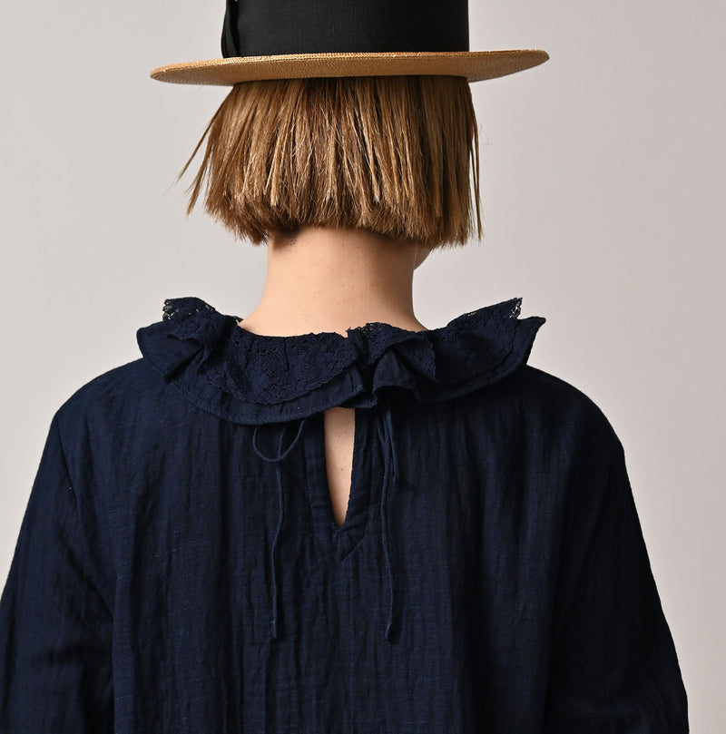 45R Indigo Gauze Doublecloth Frilled Collar Blouse