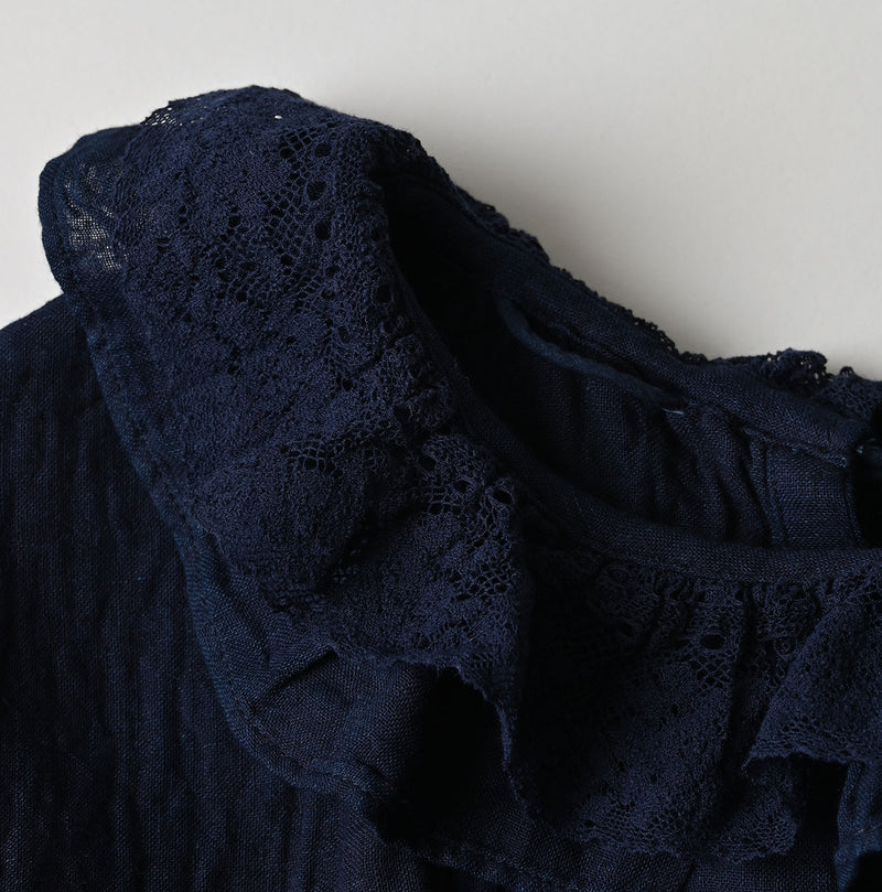 45R Indigo Gauze Doublecloth Frilled Collar Blouse