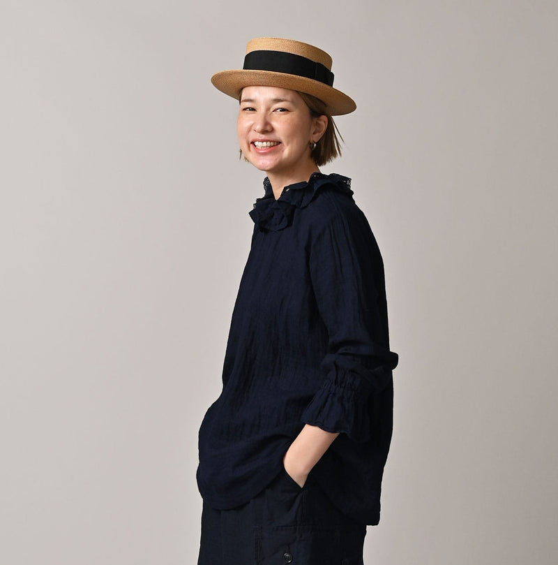 45R Indigo Gauze Doublecloth Frilled Collar Blouse