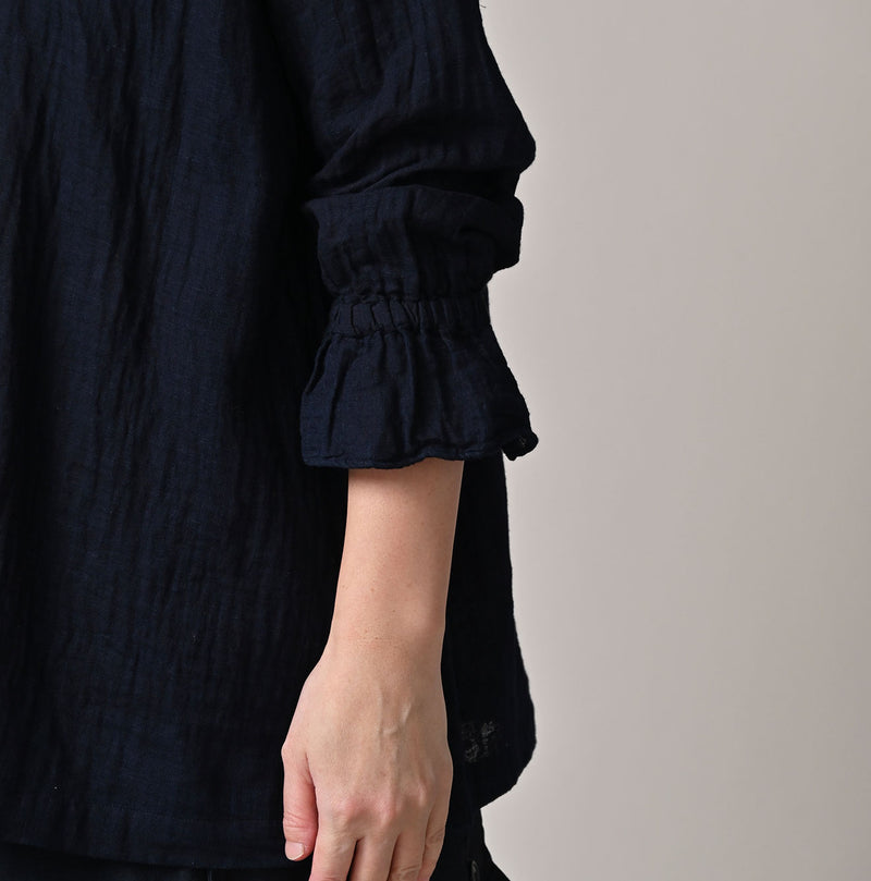 45R Indigo Gauze Doublecloth Frilled Collar Blouse